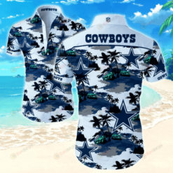 Dallas Cowboys Star & Tree Pattern Curved Hawaiian Shirt In White & Blue