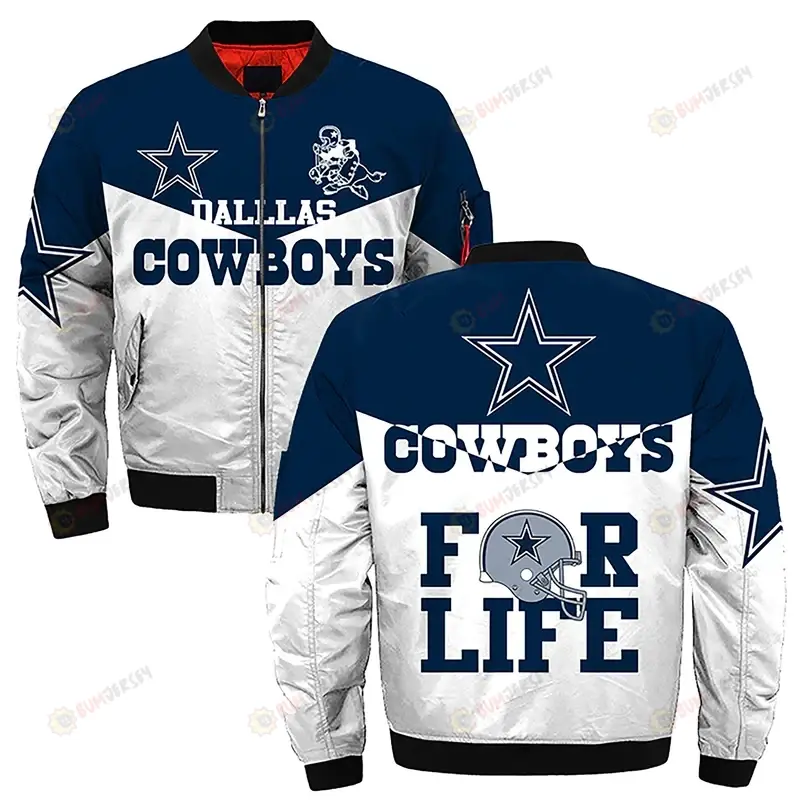 Dallas Cowboys Team Logo Pattern Bomber Jacket - Navy Blue And White