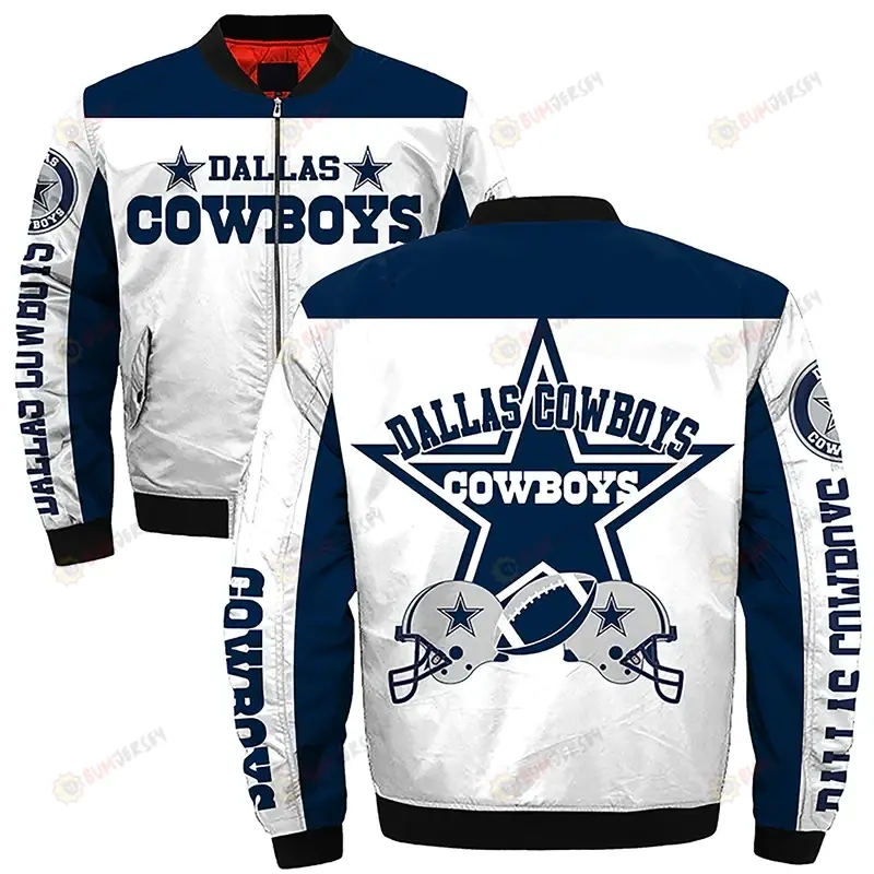 Dallas Cowboys Team Logo Pattern Bomber Jacket - Navy Blue And White