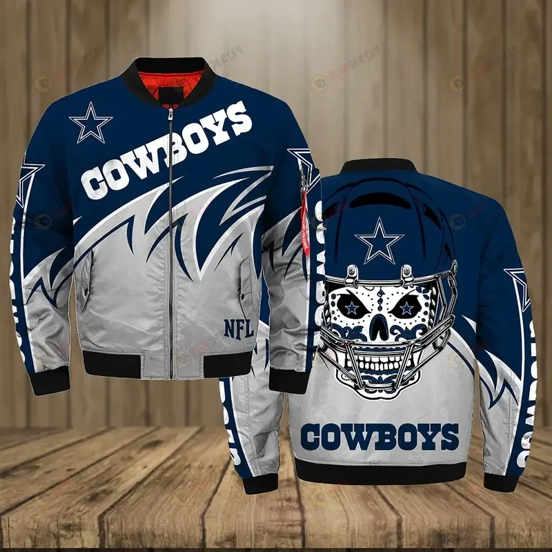Dallas Cowboys With Skull Pattern Bomber Jacket - Navy Blue And Gray
