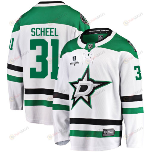 Dallas Stars Adam Scheel 31 Away 2022 Stanley Cup Playoffs Breakaway Men Jersey - White