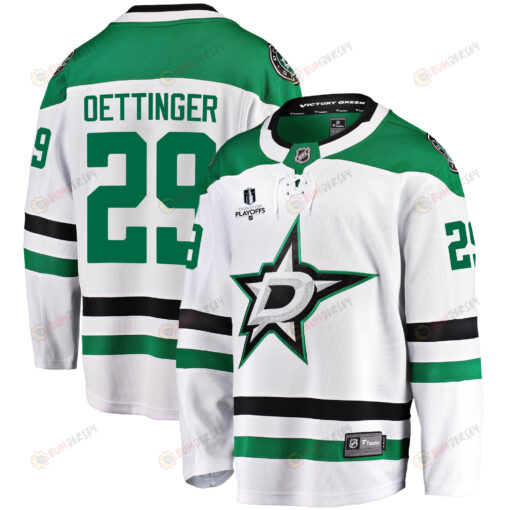 Dallas Stars Jake Oettinger 29 Away 2022 Stanley Cup Playoffs Breakaway Men Jersey - White