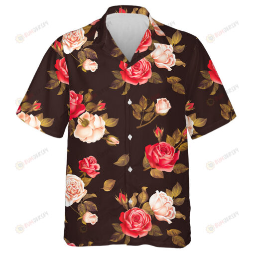 Dark Brown Background With Beautiful Red Pink Roses Pattern Hawaiian Shirt