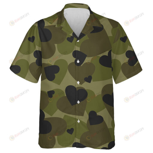 Dark Green Heart Shape Camouflage Military Hawaiian Shirt