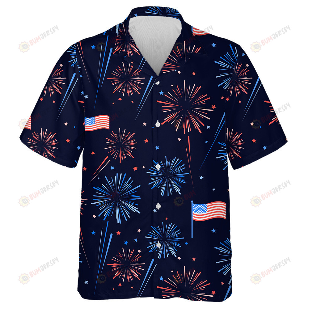 Dark Theme Fireworks Stars American Flags Pattern Hawaiian Shirt