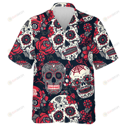 Day Of The Dead Sugar Skull Mexican With Red Flower Hawaiian Shirt