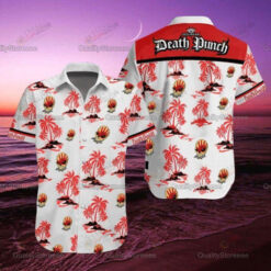 Death Punch Coconut Tree Pattern Curved Hawaiian Shirt In White & Red