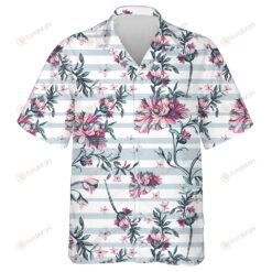 Decorative Pink Flowers Branches On Pastel Striped Background Hawaiian Shirt