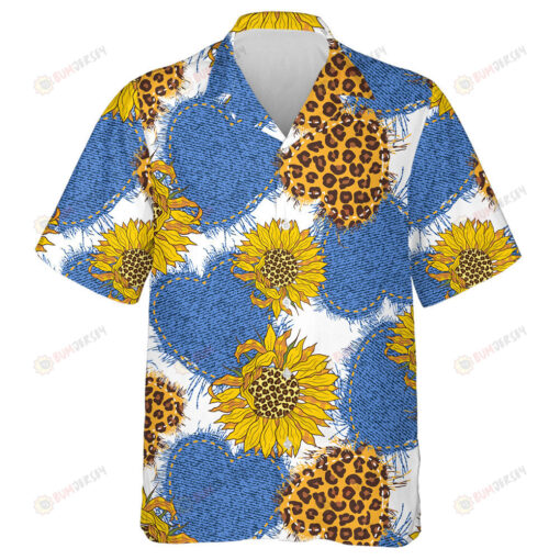 Denim Hearts Made Of Fabric With Torn Edges And Leopard Sunflowers Hawaiian Shirt