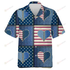 Denim Jean Knitted Patchwork With Heart And American Flag Hawaiian Shirt