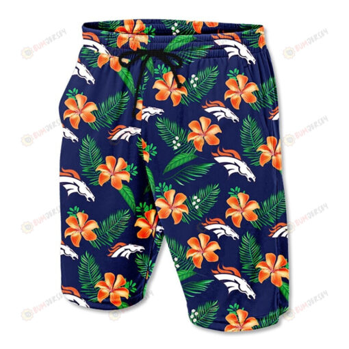 Denver Broncos Leaf & Floral Pattern Hawaiian Summer Shorts Men Shorts In Blue - Print Shorts