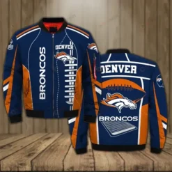 Denver Broncos Logo Pattern Bomber Jacket - Navy Blue And Orange