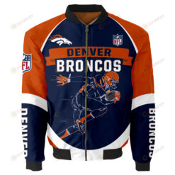 Denver Broncos Players Running Pattern Bomber Jacket - Blue And Orange