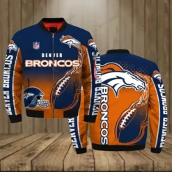 Denver Broncos Team Logo Pattern Bomber Jacket - Navy Blue And Orange