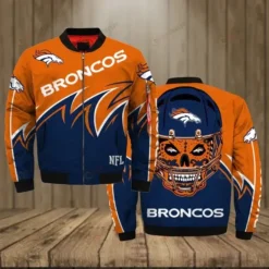 Denver Broncos With Skull Pattern Bomber Jacket - Orange And Navy Blue