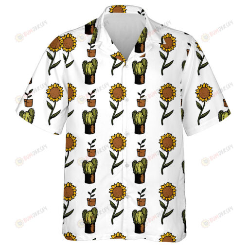 Desert Cacti And Sunflower Plants Hand Drawn Pattern Hawaiian Shirt