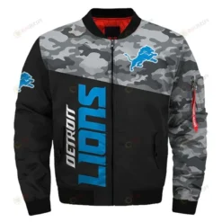 Detroit Lions Camo Pattern Bomber Jacket - Black And Gray