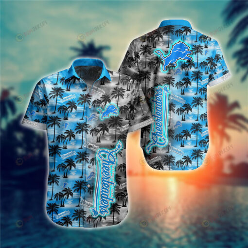Detroit Lions Coconut Tree Pattern Curved Hawaiian Shirt In Blue & Black
