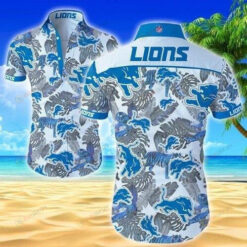 Detroit Lions Curved Hawaiian Shirt In Blue And White