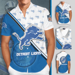 Detroit Lions Curved Hawaiian Shirt In White And Blue