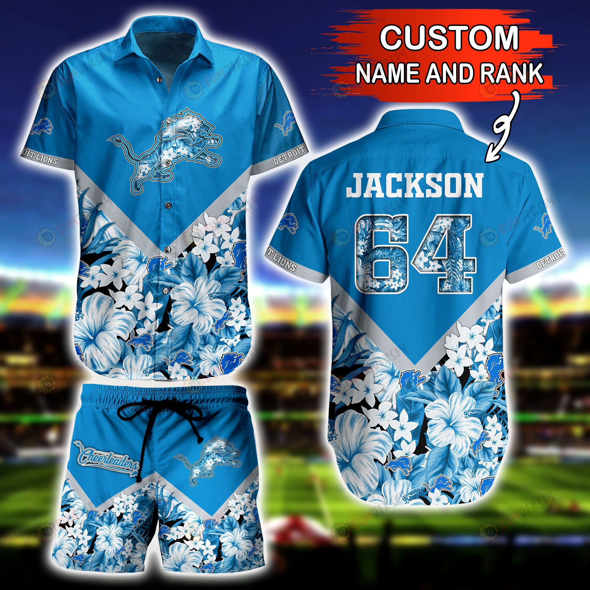 Detroit Lions Custom Name And Number Floral 3D Printed Hawaiian Shirt