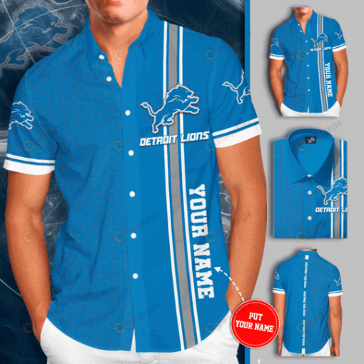 Detroit Lions Custom Name Curved Hawaiian Shirt In Blue