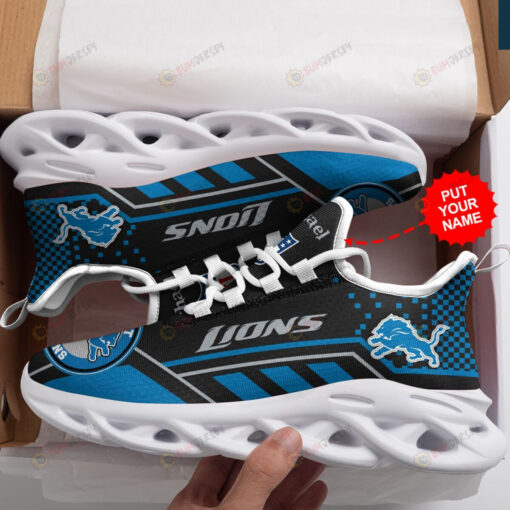 Detroit Lions Custom Name Logo Pattern 3D Max Soul Sneaker Shoes In Black And Blue