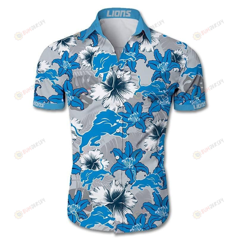 Detroit Lions Floral Pattern Curved Hawaiian Shirt In Grey & Blue