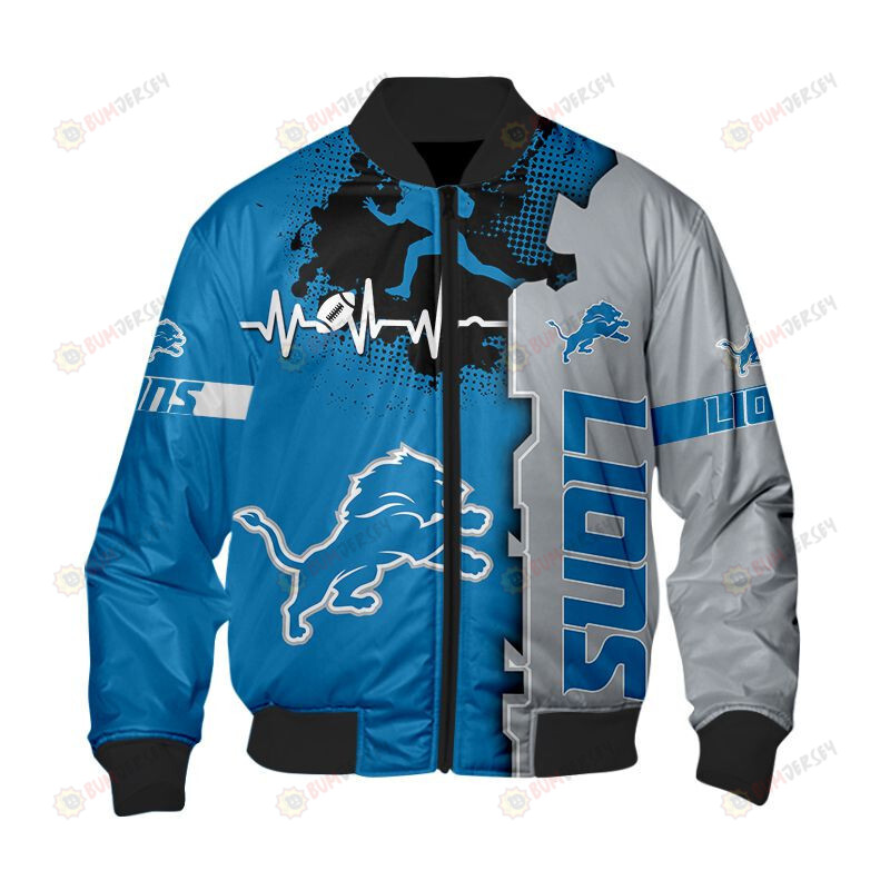 Detroit Lions Heart ECG Line Pattern Bomber Jacket - Blue/ Grey