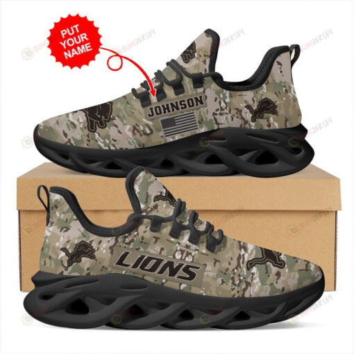 Detroit Lions Logo Camouflage Pattern Custom Name 3D Max Soul Sneaker Shoes