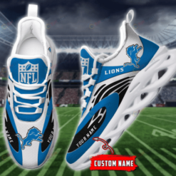 Detroit Lions Logo Custom Name 3D Max Soul Sneaker Shoes In Black Blue White