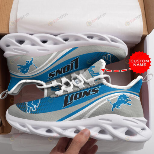 Detroit Lions Logo Custom Name 3D Max Soul Sneaker Shoes In Blue And Gray