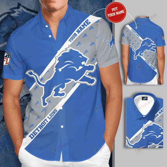 Detroit Lions Logo Custom Name Curved Hawaiian Shirt In Blue