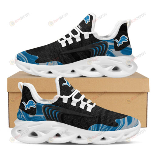 Detroit Lions Logo Custom Name Pattern In Black 3D Max Soul Sneaker Shoes