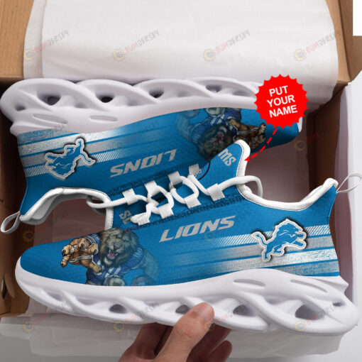 Detroit Lions Logo Pattern Custom Name 3D Max Soul Sneaker Shoes In Blue