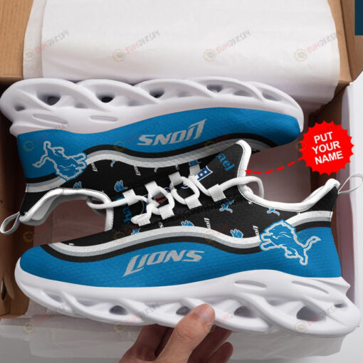 Detroit Lions Logo Pattern Custom Name 3D Max Soul Sneaker Shoes In Blue And Black