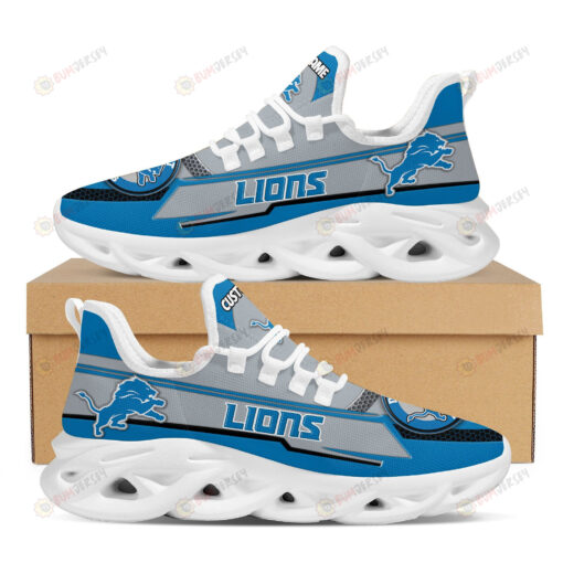 Detroit Lions Logo Pattern Custom Name 3D Max Soul Sneaker Shoes In Gray Blue