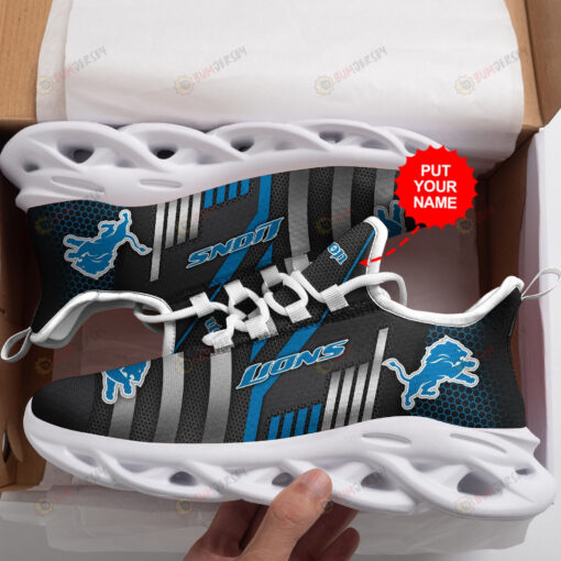 Detroit Lions Logo Stripe Pattern Custom Name 3D Max Soul Sneaker Shoes In Black