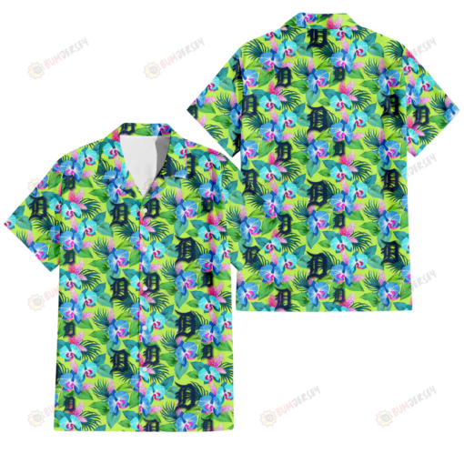 Detroit Tigers Blue Orchid Green Pink Leaf Green Background 3D Hawaiian Shirt