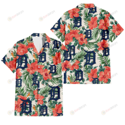 Detroit Tigers Coral Hibiscus Green Leaf Beige Background 3D Hawaiian Shirt