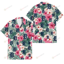 Detroit Tigers Coral Pink Hibiscus Green Leaf Beige Background 3D Hawaiian Shirt