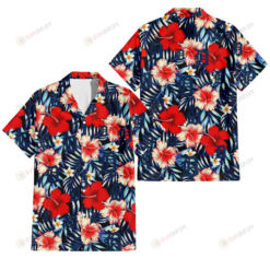 Detroit Tigers Coral Red Hibiscus Blue Palm Leaf Black Background 3D Hawaiian Shirt