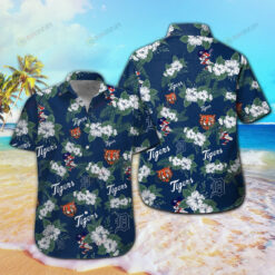 Detroit Tigers Floral & Leaf Pattern Curved Hawaiian Shirt In Dark Blue