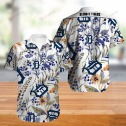 Detroit Tigers Floral & Leaf Pattern Curved Hawaiian Shirt In White & Blue