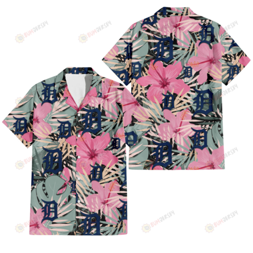 Detroit Tigers Light Pink Hibiscus Pale Green Leaf Black Background 3D Hawaiian Shirt
