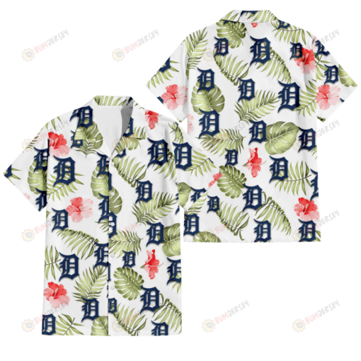 Detroit Tigers Light Salmon Hibiscus Green Leaf White Background 3D Hawaiian Shirt