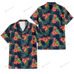 Detroit Tigers Orange Hibiscus Green Tropical Leaf Dark Background 3D Hawaiian Shirt
