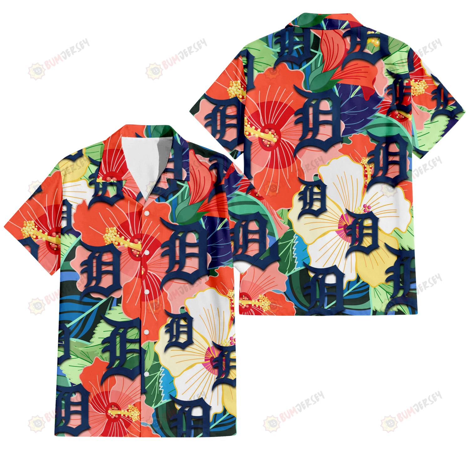 Detroit Tigers Orange White Tropical Hibiscus Green Leaf 3D Hawaiian Shirt