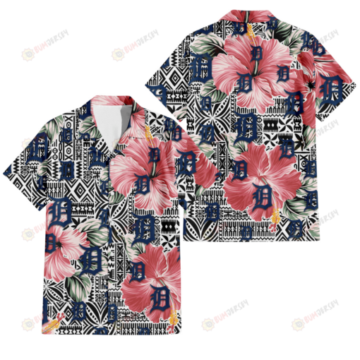 Detroit Tigers Pink Hibiscus Black Pattern White Background 3D Hawaiian Shirt