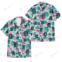 Detroit Tigers Pink Hibiscus Green Leaf Beige Background 3D Hawaiian Shirt